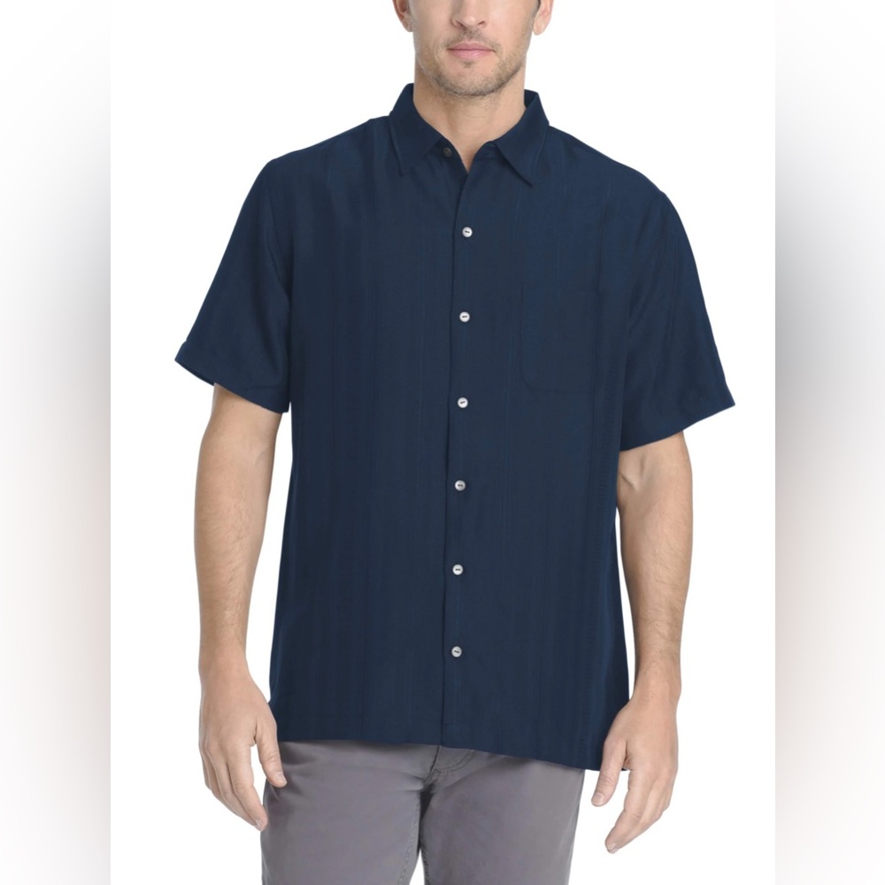 IZOD Men’s Button down 100% Washable Silk Short Sleeve Shirt Blue XL